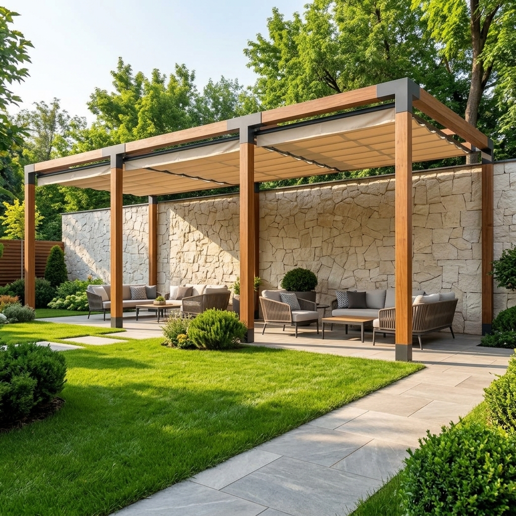 Modern pergola with integrated lighting and terrace furniture
